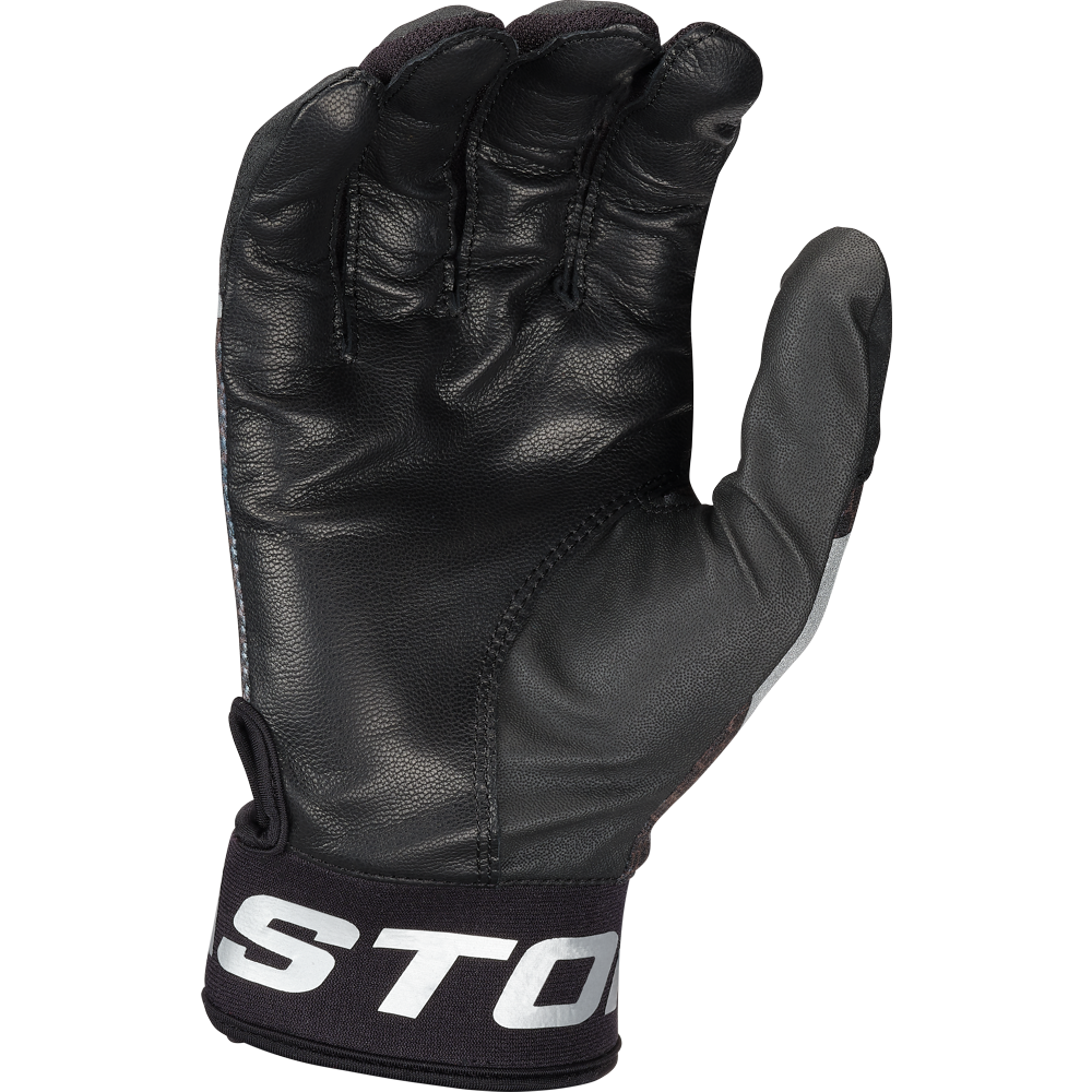 A black Easton Mav GT Youth Batting Glove (MAVGTYBG) with visible stitching is shown palm forward. It features a Velcro wrist strap with partially visible white text, resembling Easton's branding.