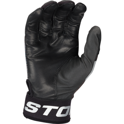 A black Easton Mav GT Youth Batting Glove (MAVGTYBG) with visible stitching is shown palm forward. It features a Velcro wrist strap with partially visible white text, resembling Easton's branding.