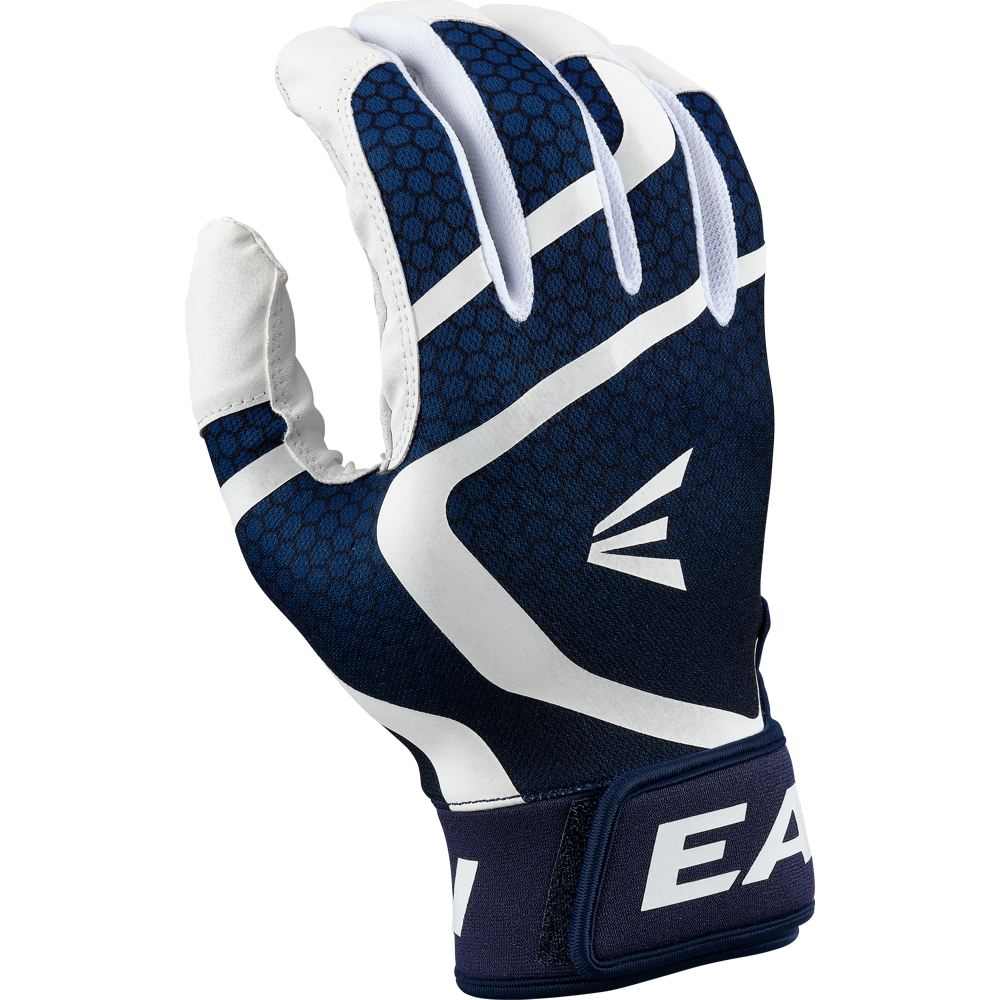 The Easton Mav GT Youth Batting Gloves (MAVGTYBG) in white-navy feature a geometric pattern, white accents, and the Easton logo. Made from durable goatskin leather, these gloves are perfect for baseball or softball. Displayed on a plain white background.