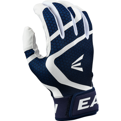 The Easton Mav GT Youth Batting Gloves (MAVGTYBG) in white-navy feature a geometric pattern, white accents, and the Easton logo. Made from durable goatskin leather, these gloves are perfect for baseball or softball. Displayed on a plain white background.