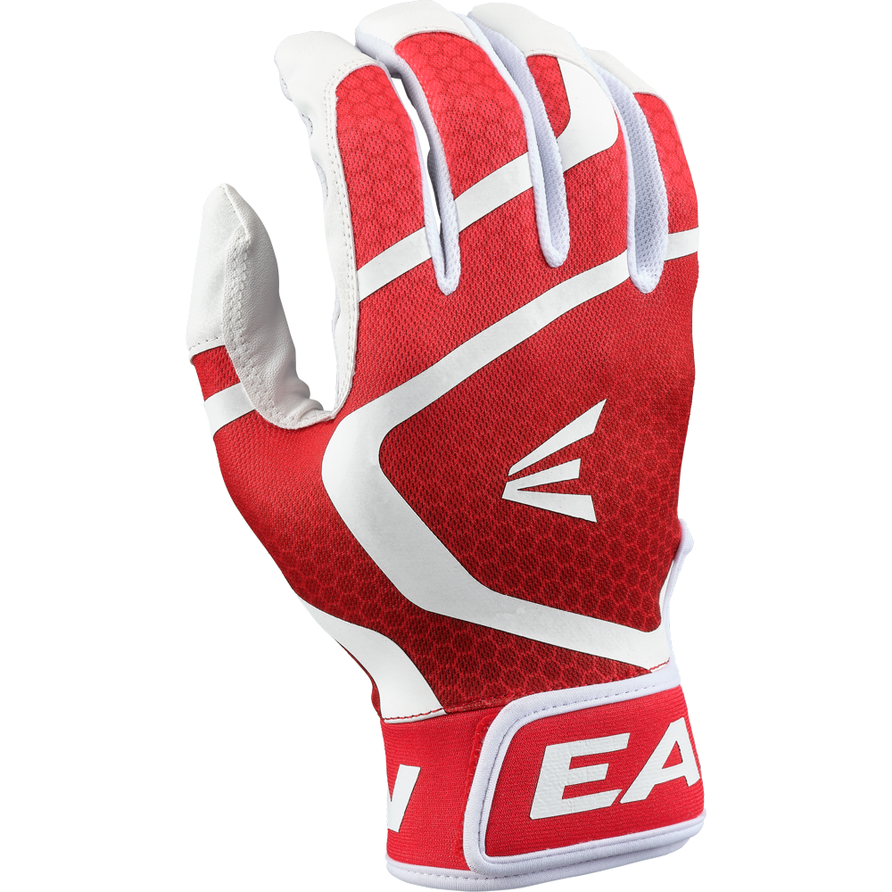 The Easton Mav GT Youth Batting Glove (MAVGTYBG) in white-red features a geometric pattern, a white logo, and "EA" on the wrist strap. Made for the left hand from premium goatskin leather, it’s displayed on a white background.