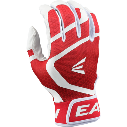 The Easton Mav GT Youth Batting Glove (MAVGTYBG) in white-red features a geometric pattern, a white logo, and "EA" on the wrist strap. Made for the left hand from premium goatskin leather, it’s displayed on a white background.