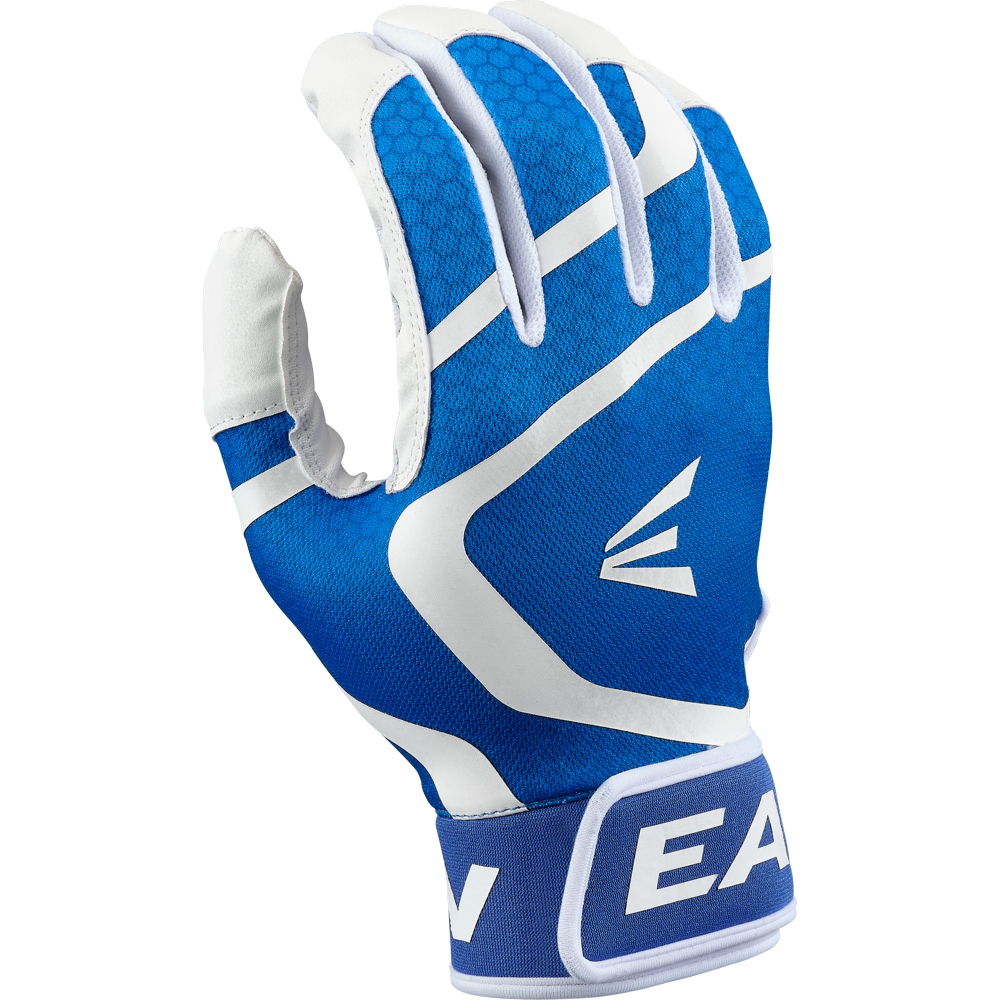 The Easton Mav GT Youth Batting Gloves in White-Royal feature a geometric design, premium goatskin leather, Velcro strap, and a stylized E logo on the back, shown against a white background.