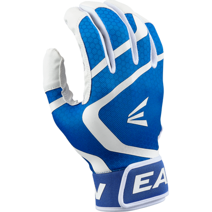 The Easton Mav GT Youth Batting Gloves in White-Royal feature a geometric design, premium goatskin leather, Velcro strap, and a stylized E logo on the back, shown against a white background.