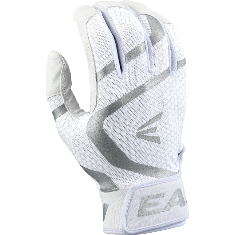 A white Easton Mav GT Youth Batting Glove (MAVGTYBG), featuring gray accents, a honeycomb pattern, "E A" on the wrist strap, and premium goatskin leather from Easton, shown against a plain light background.