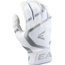 A white Easton Mav GT Youth Batting Glove (MAVGTYBG), featuring gray accents, a honeycomb pattern, "E A" on the wrist strap, and premium goatskin leather from Easton, shown against a plain light background.