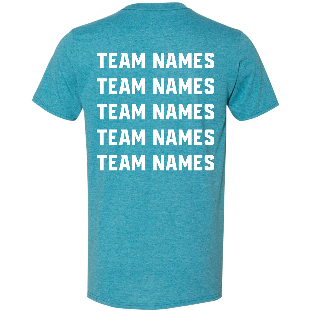 Back view of a heathered blue 2027 NSA May Madness Fastpitch Tournament Shirt in a cotton blend, featuring five rows of white TEAM NAMES text.