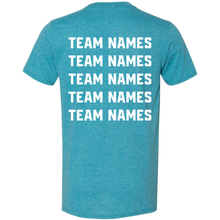 Back view of a heathered blue 2027 NSA May Madness Fastpitch Tournament Shirt in a cotton blend, featuring five rows of white TEAM NAMES text.