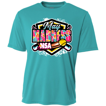 Teal cotton blend 2027 NSA May Madness Fastpitch Tournament shirt with a graphic featuring a yellow softball and crossed bats.