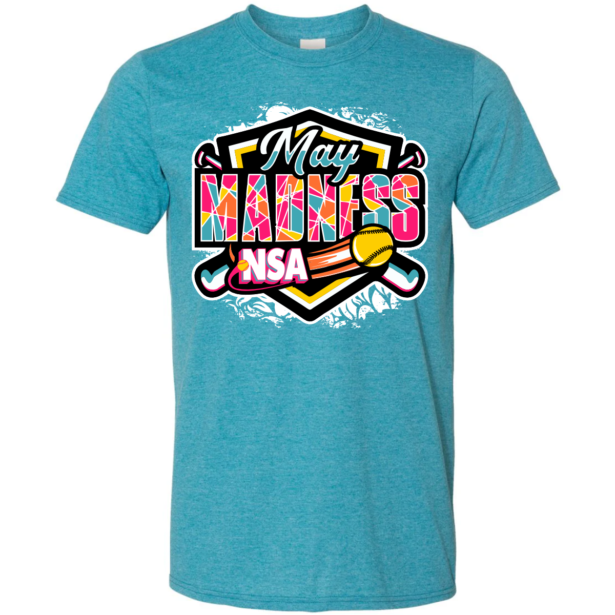 Heather Galapagos Blue short-sleeve cotton blend 2027 NSA May Madness Fastpitch Tournament Shirt with a graphic on the front that reads May Madness NSA centered over crossed bats and a softball.