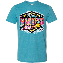Heather Galapagos Blue short-sleeve cotton blend 2027 NSA May Madness Fastpitch Tournament Shirt with a graphic on the front that reads May Madness NSA centered over crossed bats and a softball.