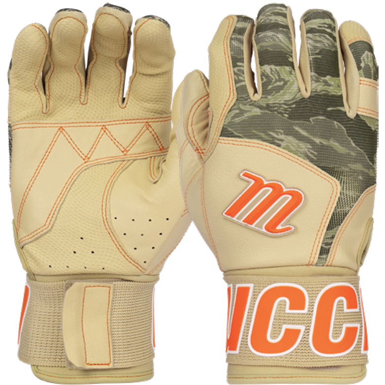 A pair of Marucci Blacksmith V2 Full Wrap Adult Batting Gloves (MBG2BKSM) in tan and camo print with orange “M” and “MCC” logos on the wrists, displayed with both palms and backs visible. Made by Marucci as a durable training glove, they feature a premium goatskin palm for superior grip and comfort.