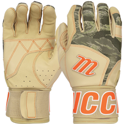 A pair of Marucci Blacksmith V2 Full Wrap Adult Batting Gloves (MBG2BKSM) in tan and camo print with orange “M” and “MCC” logos on the wrists, displayed with both palms and backs visible. Made by Marucci as a durable training glove, they feature a premium goatskin palm for superior grip and comfort.
