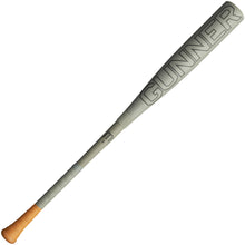 The 2024 Warstic Gunner (-3) BBCOR Baseball Bat (MBGNR24G3) features a gray barrel with bold GUNNER letters, a flared power knob, and an orange grip—ideal for power hitters seeking control and impact.
