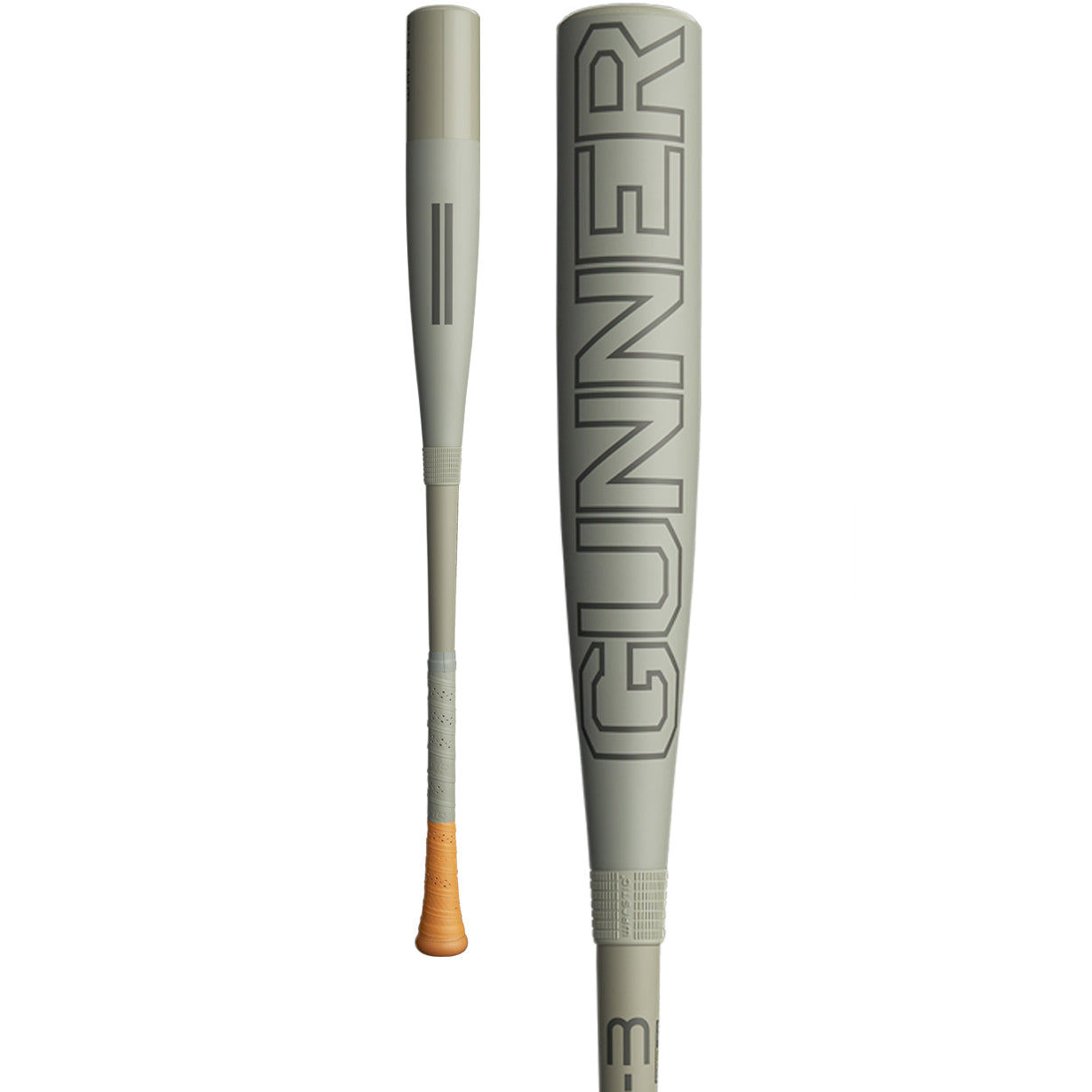 The 2024 Warstic Gunner (-3) BBCOR Baseball Bat (MBGNR24G3) features a matte gray finish, bold GUNNER barrel lettering, Flared Power Knob, and light tan grip tape. Shown side and partially front view; ideal for power hitters.