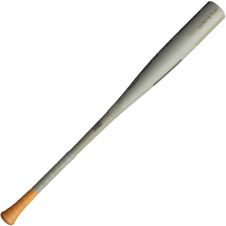 The 2024 Warstic Gunner (-3) BBCOR Baseball Bat: MBGNR24G3 features a silver-gray barrel, orange grip, and Flared Power Knob, making it ideal for power hitters. Brand: Warstic.