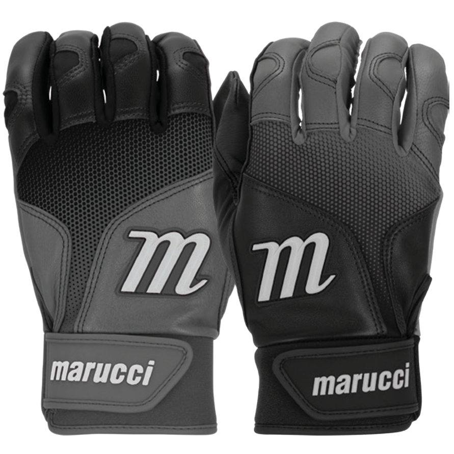 A pair of black and gray Marucci PWR Fade Adult Batting Gloves (MBGPWRF) featuring a sheepskin palm and white "marucci" with a large M logo on the wrist straps and backs.