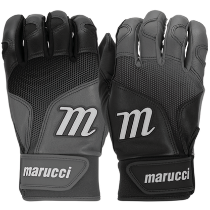 A pair of black and gray Marucci PWR Fade Adult Batting Gloves (MBGPWRF) featuring a sheepskin palm and white "marucci" with a large M logo on the wrist straps and backs.