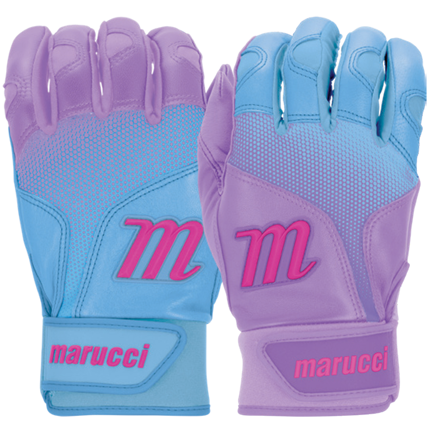 A pair of Marucci PWR Fade Adult Batting Gloves (MBGPWRF) in pastel lavender and light blue with pink accents, featuring a sheepskin palm for comfort and pink Marucci logos on an ergonomic cuff.