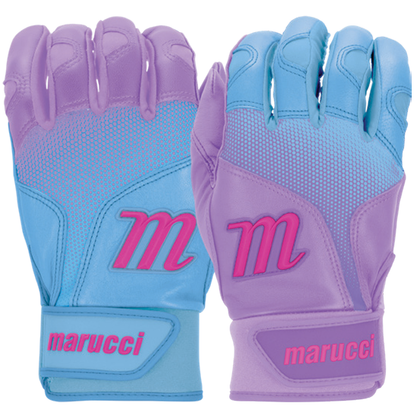 A pair of Marucci PWR Fade Adult Batting Gloves (MBGPWRF) in pastel lavender and light blue with pink accents, featuring a sheepskin palm for comfort and pink Marucci logos on an ergonomic cuff.