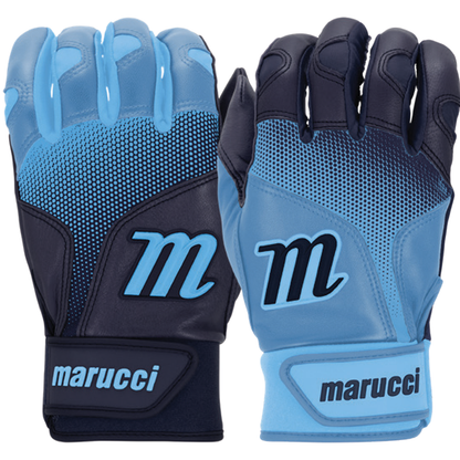 The Marucci PWR Fade Adult Batting Gloves by Marucci come in navy and light blue, featuring the Marucci logo, a textured sheepskin palm for superior grip, and an ergonomic cuff for comfort.