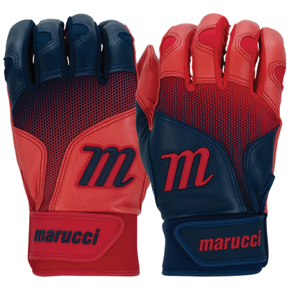 A pair of Marucci PWR Fade Adult Batting Gloves (MBGPWRF) in red and navy, featuring a sheepskin palm, large M logo, textured grip, and ergonomic Velcro cuff for a secure fit.