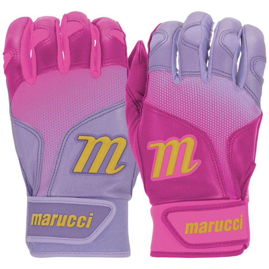 Two Marucci PWR Fade Adult Batting Gloves in purple and pink with yellow M logos and "marucci" text on the wrist straps are shown palm down and up, highlighting their ergonomic cuff and premium sheepskin palm for comfort.
