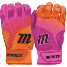 Two Marucci PWR Fade Adult Batting Gloves are shown: one mostly orange with pink, the other mostly pink with orange. Both feature ergonomic cuffs and Marucci branding on the wrist strap and back for style and comfort.