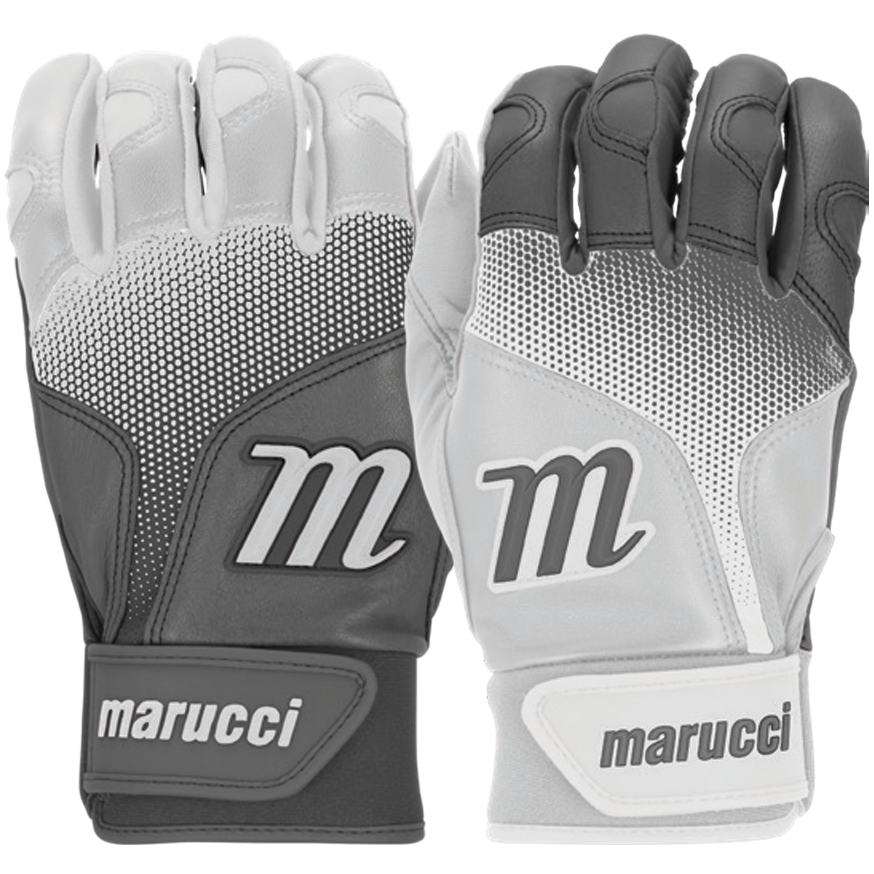 The Marucci PWR Fade Adult Batting Gloves (MBGPWRF) feature black, white, and gray colors, a sheepskin palm for enhanced grip, and the Marucci logo on the back of each hand and wrist straps.
