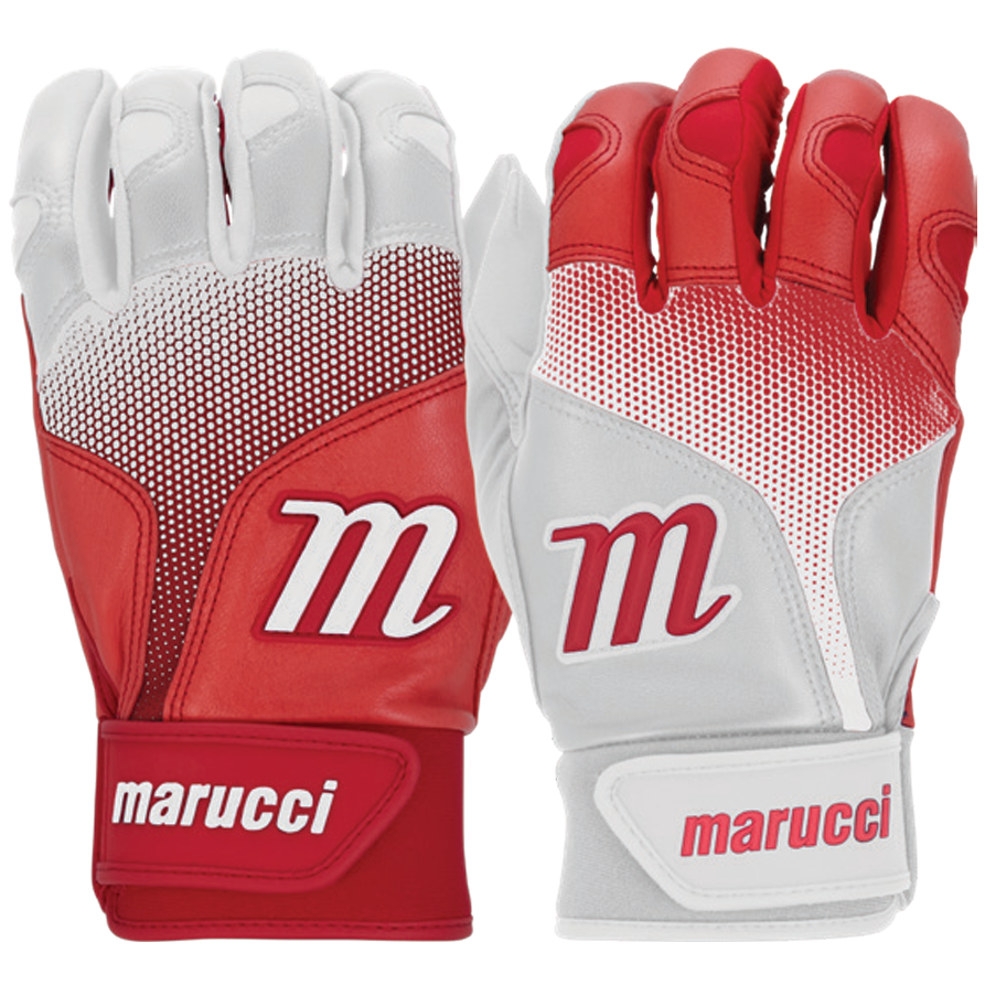 The Marucci PWR Fade Adult Batting Gloves feature a red and white design, the Marucci brand name, an "M" logo on the wrist and back of the hand, and a durable sheepskin palm for enhanced grip.