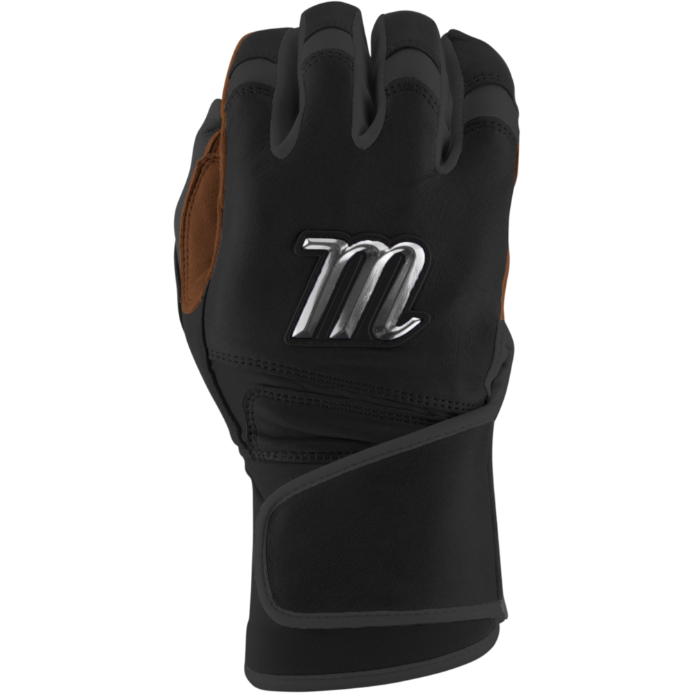 A black cabretta sheepskin glove featuring a silver M, inspired by Marucci REMX Youth Batting Gloves (MBRMXY) from Marucci.