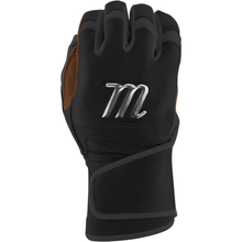 A black cabretta sheepskin glove featuring a silver M, inspired by Marucci REMX Youth Batting Gloves (MBRMXY) from Marucci.