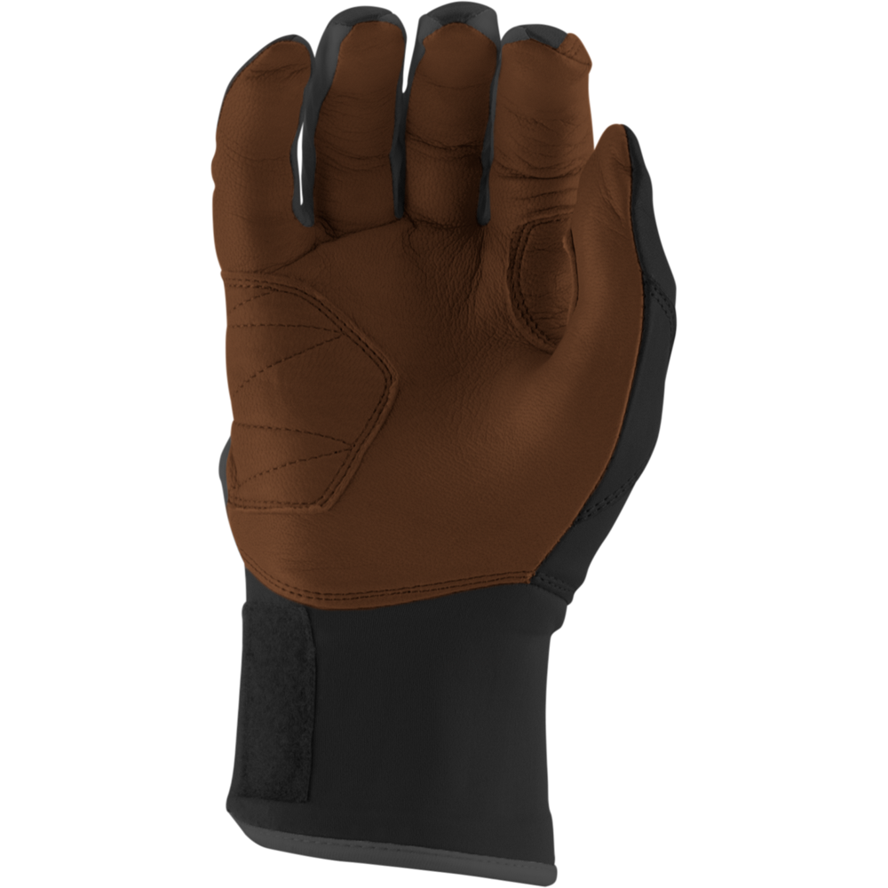 The Marucci REMX Youth Batting Glove (MBRMXY) by Marucci features brown leather with cabretta sheepskin, a black fabric cuff and palm reinforcement, displayed palm-side in a relaxed, slightly closed position.
