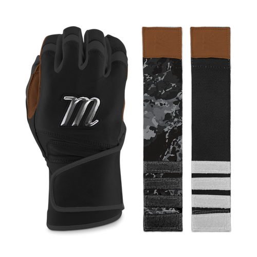 A Marucci REMX Youth Batting Glove (MBRMXY) in black with brown accents and a metallic Marucci logo is shown next to two wrist straps: one in black/gray/white camo, the other black with three white end stripes.