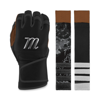 A Marucci REMX Youth Batting Glove (MBRMXY) in black with brown accents and a metallic Marucci logo is shown next to two wrist straps: one in black/gray/white camo, the other black with three white end stripes.