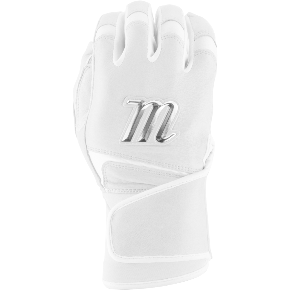 The Marucci REMX Youth Batting Gloves (MBRMXY) are white cabretta sheepskin gloves with padded sections, a metallic "M" emblem on the back, and an adjustable wrist strap for a secure fit.