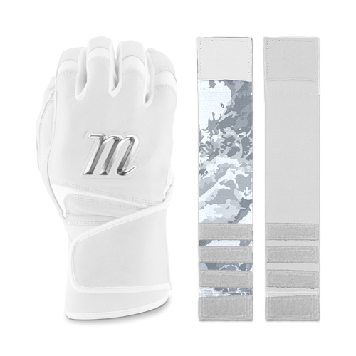The Marucci REMX Youth Batting Gloves (MBRMXY) by Marucci are displayed in white cabretta sheepskin with a metallic M logo, featuring gray camo and white wrist wraps with hook-and-loop fasteners, shown from multiple angles on a light background.