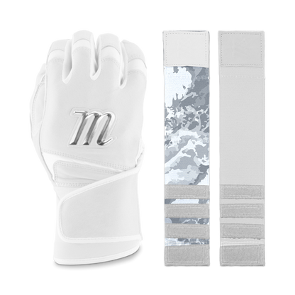 The Marucci REMX Youth Batting Gloves (MBRMXY) by Marucci are displayed in white cabretta sheepskin with a metallic M logo, featuring gray camo and white wrist wraps with hook-and-loop fasteners, shown from multiple angles on a light background.
