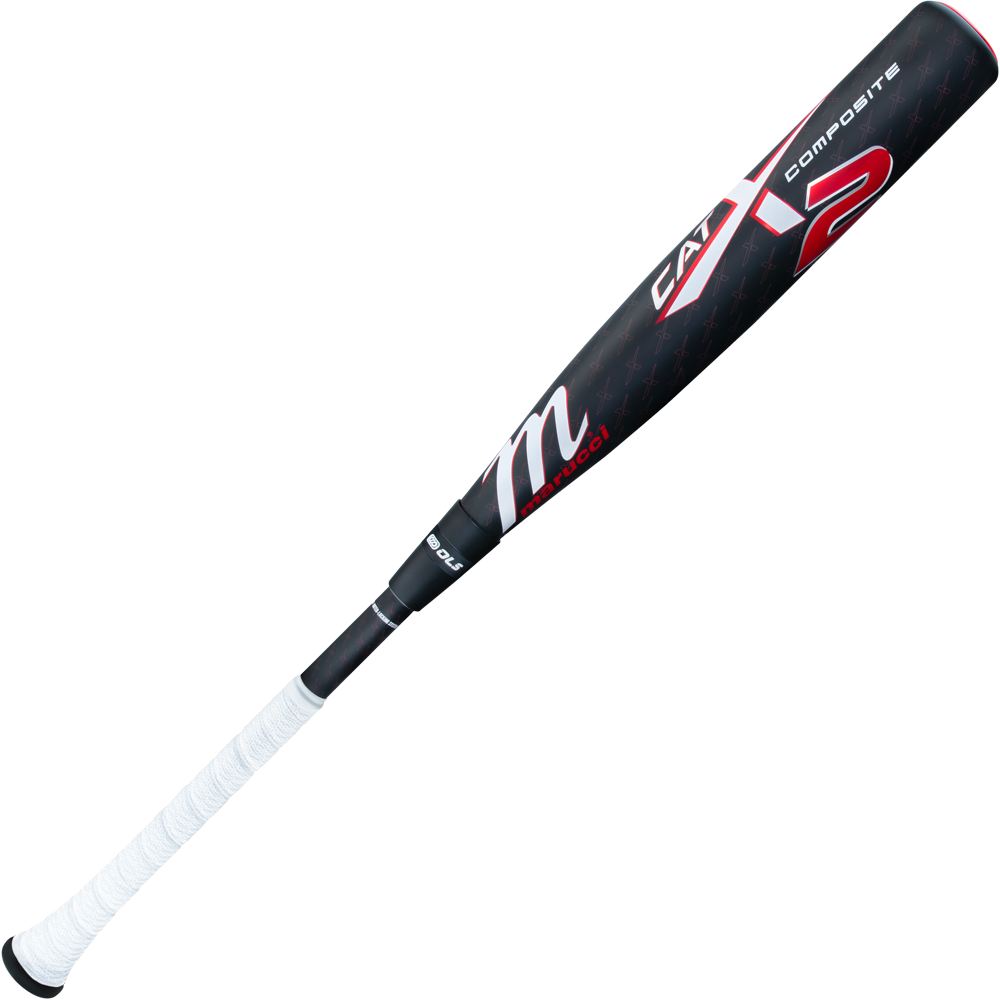 A black and red 2025 Marucci CATX2 Composite (-3) BBCOR Baseball Bat (MCBCCPX2), a two-piece model with a white grip, is displayed diagonally on a plain background.