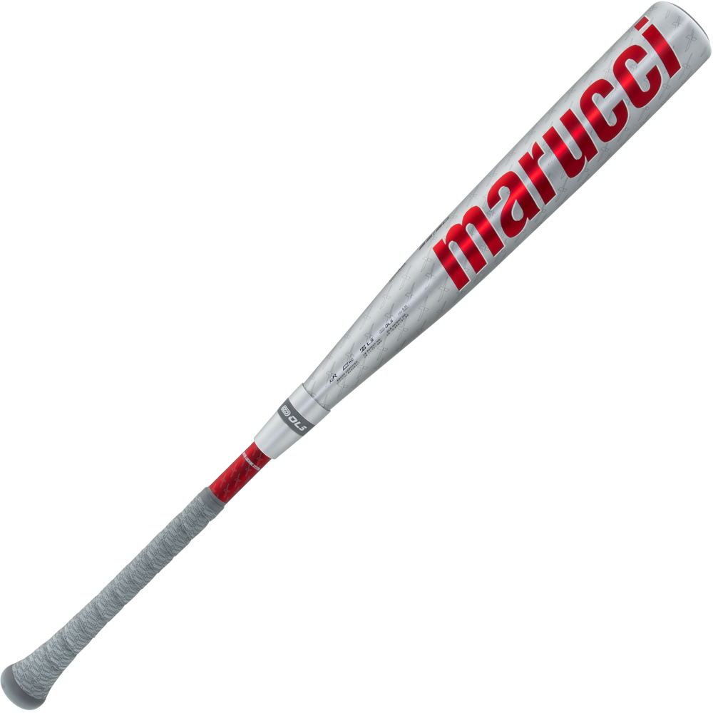 The 2025 Marucci CATX2 Connect (-3) BBCOR Baseball Bat features a silver metal barrel, gray grip, red accents, large red Marucci branding, and advanced anti-vibration technology for a smoother swing.