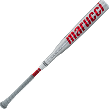 The 2025 Marucci CATX2 Connect (-3) BBCOR Baseball Bat features a silver metal barrel, gray grip, red accents, large red Marucci branding, and advanced anti-vibration technology for a smoother swing.