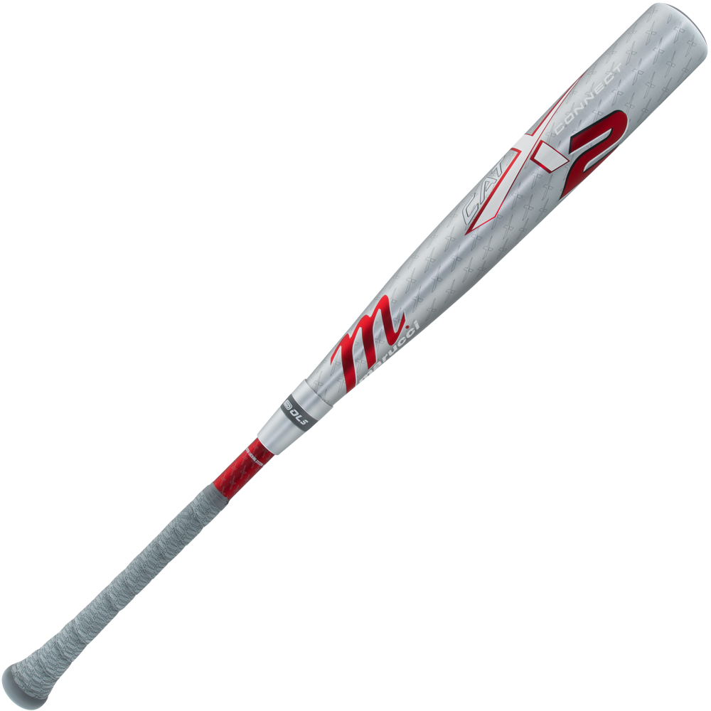 The 2025 Marucci CATX2 Connect (-3) BBCOR Baseball Bat (MCBCCX2) features a silver design with red and gray accents, a wrapped handle, advanced anti-vibration tech, and a bold red “2” near the barrel.