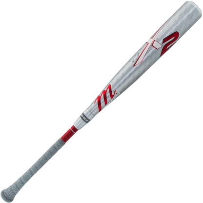 The 2025 Marucci CATX2 Connect (-3) BBCOR Baseball Bat (MCBCCX2) features a silver design with red and gray accents, a wrapped handle, advanced anti-vibration tech, and a bold red “2” near the barrel.