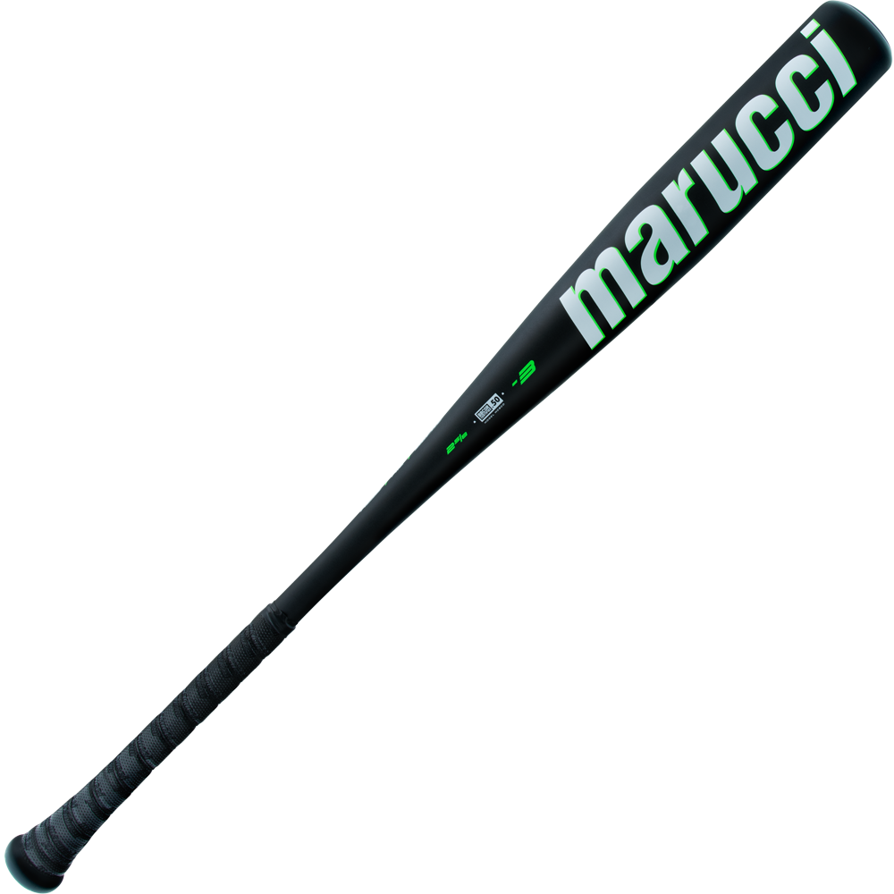 The 2025 Marucci Code (-3) BBCOR Baseball Bat (MCBCD) features a black design, textured grip, bold green Marucci lettering on the barrel, and durable AZ75 alloy construction for exceptional performance.