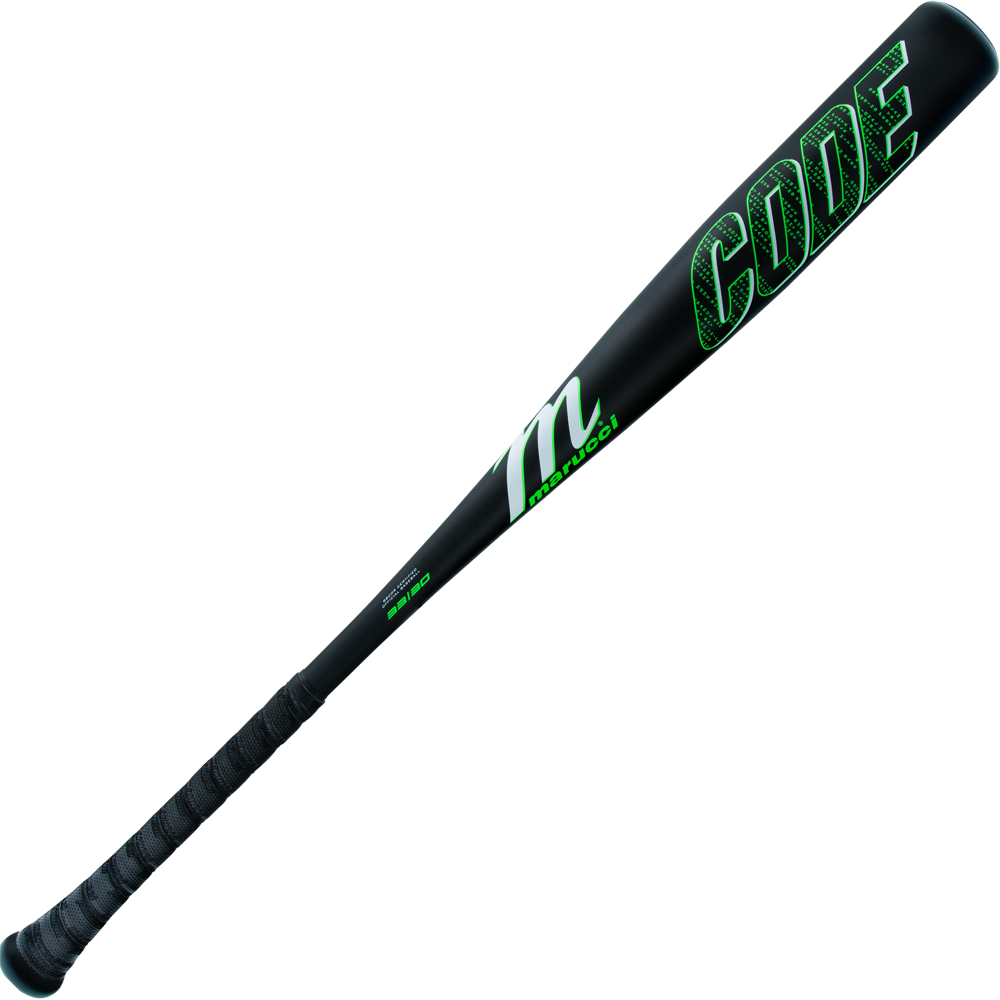 The 2025 Marucci Code (-3) BBCOR Baseball Bat (MCBCD) features a black design with green text and is crafted from durable AZ75 alloy for lasting performance.