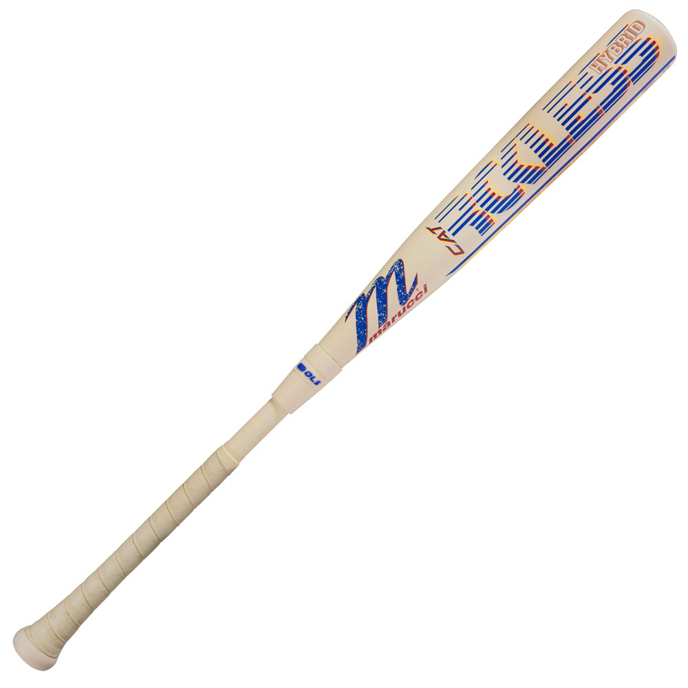 The 2026 Marucci CATX RCKLESS Rewind Hybrid (-3) BBCOR Baseball Bat features a white barrel with blue and orange graphics, "Moss" printed on it, and a wrapped handle—perfect for players who want powerful swings.