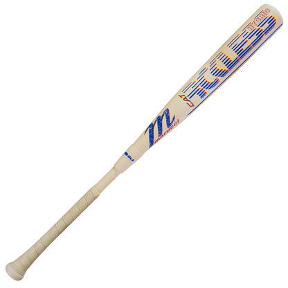 The 2026 Marucci CATX RCKLESS Rewind Hybrid (-3) BBCOR Baseball Bat features a white barrel with blue and orange graphics, "Moss" printed on it, and a wrapped handle—perfect for players who want powerful swings.