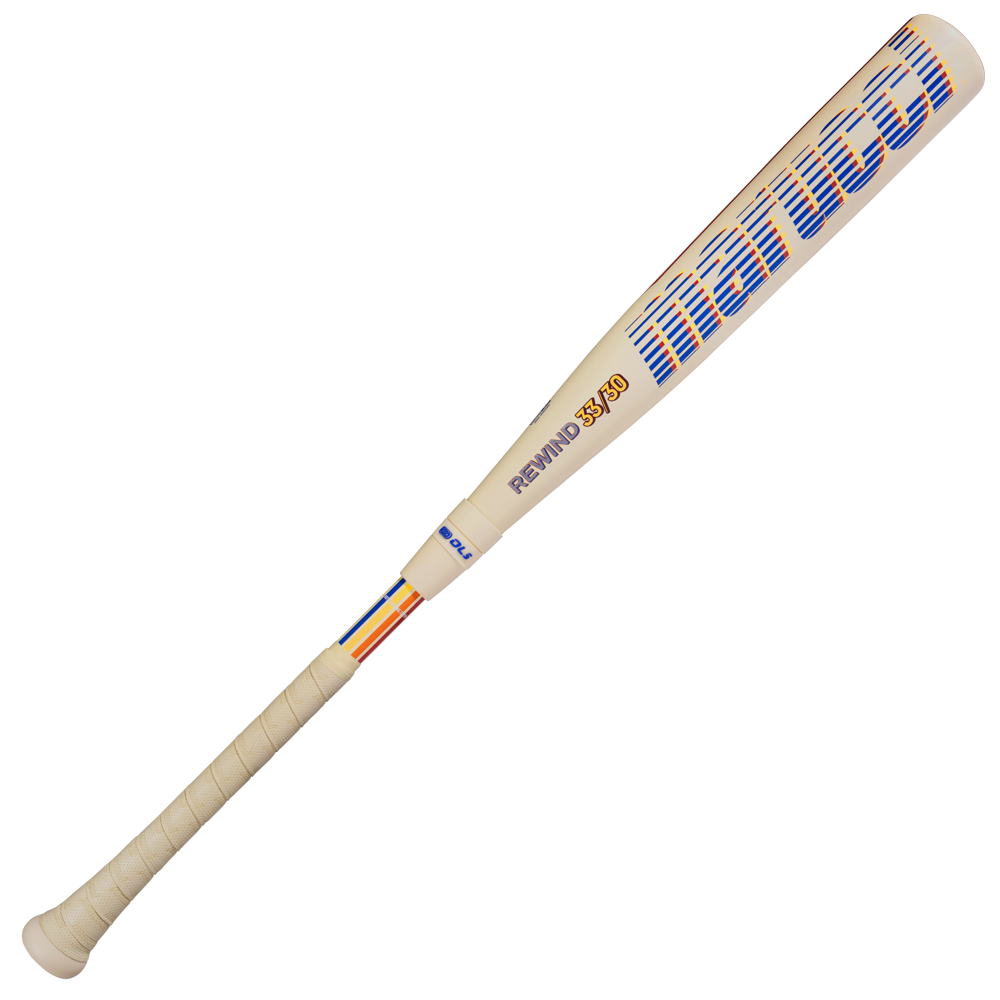 The 2026 Marucci CATX RCKLESS Rewind Hybrid (-3) BBCOR Baseball Bat features a beige barrel with blue Marucci branding, "REWIND 33/30" markings, a wrapped grip, and a classic design built for powerful swings.