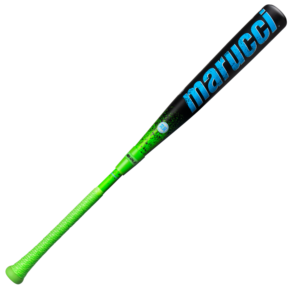 A 2026 Marucci CAT X RCKLESS Hybrid (-3) BBCOR Baseball Bat (MCBCRH DEMO) in black and green, featuring a textured green grip and bold blue "marucci" lettering along the barrel.