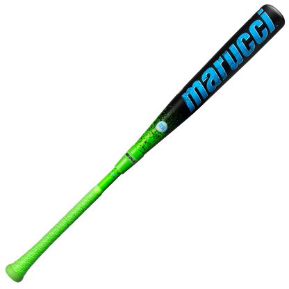 A 2026 Marucci CAT X RCKLESS Hybrid (-3) BBCOR Baseball Bat (MCBCRH DEMO) in black and green, featuring a textured green grip and bold blue "marucci" lettering along the barrel.